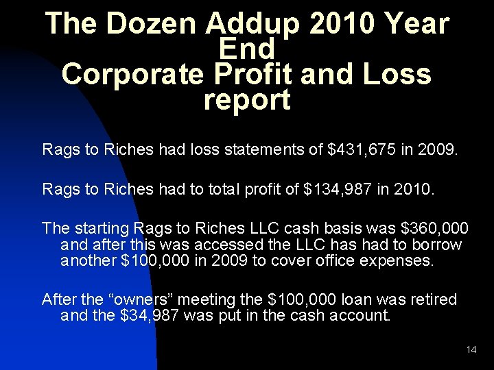 The Dozen Addup 2010 Year End Corporate Profit and Loss report Rags to Riches