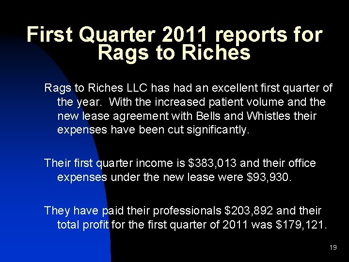 First Quarter 2011 reports for Rags to Riches LLC has had an excellent first