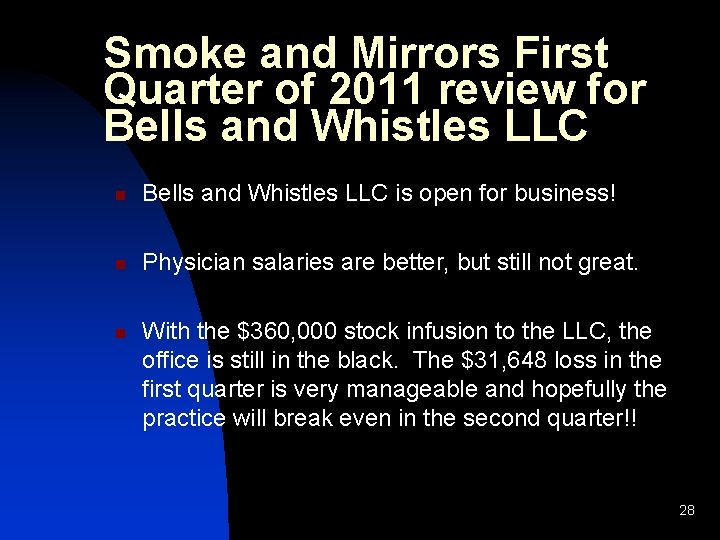 Smoke and Mirrors First Quarter of 2011 review for Bells and Whistles LLC n
