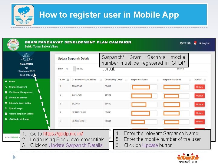 How to register user in Mobile App Sarpanch/ Gram Sachiv’s mobile number must be
