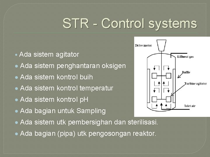 STR - Control systems · Ada sistem agitator · Ada sistem penghantaran oksigen ·