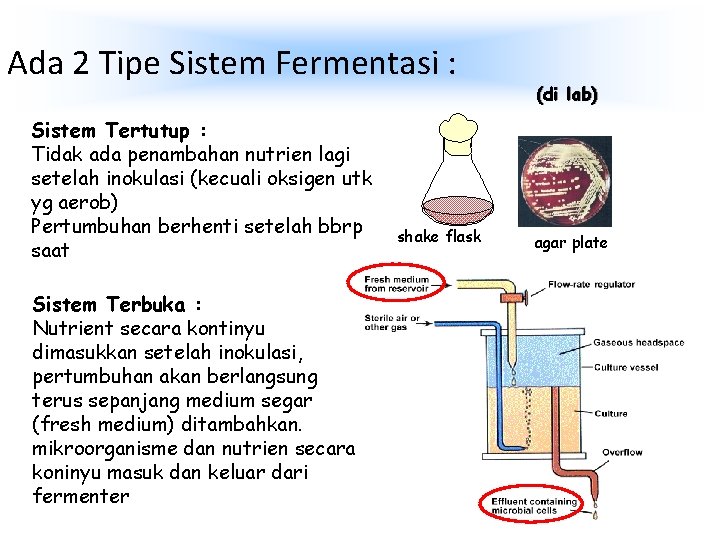 Ada 2 Tipe Sistem Fermentasi : Sistem Tertutup : Tidak ada penambahan nutrien lagi