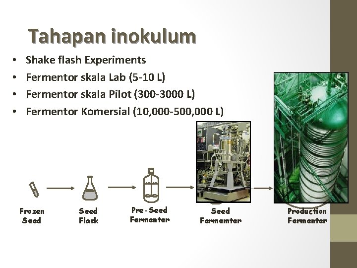 Tahapan inokulum • • Shake flash Experiments Fermentor skala Lab (5 -10 L) Fermentor