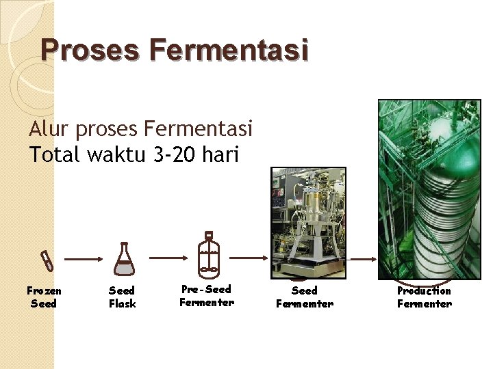 Proses Fermentasi Alur proses Fermentasi Total waktu 3 -20 hari Frozen Seed Flask Pre-Seed