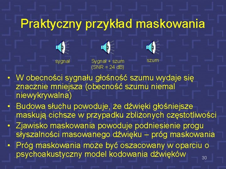 Praktyczny przykład maskowania sygnał Sygnał + szum (SNR = 24 d. B) szum •