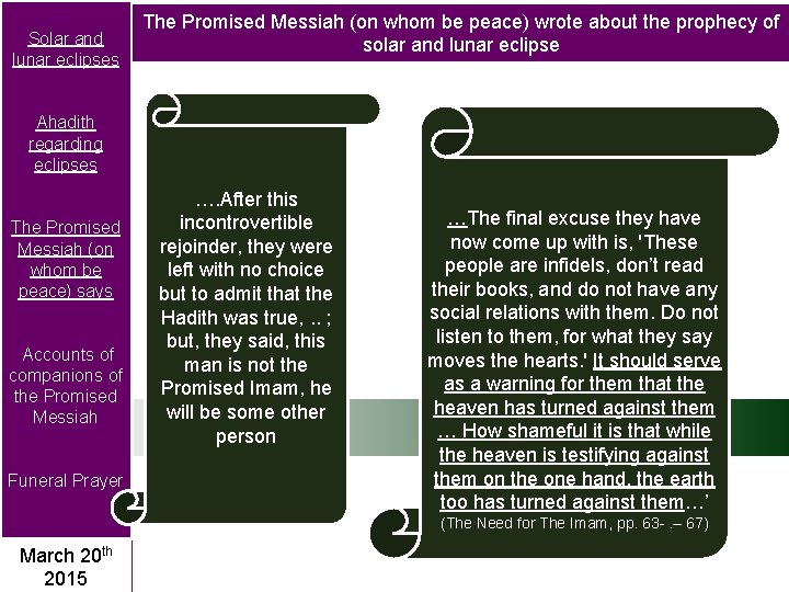 Solar and lunar eclipses The Promised Messiah (on whom be peace) wrote about the