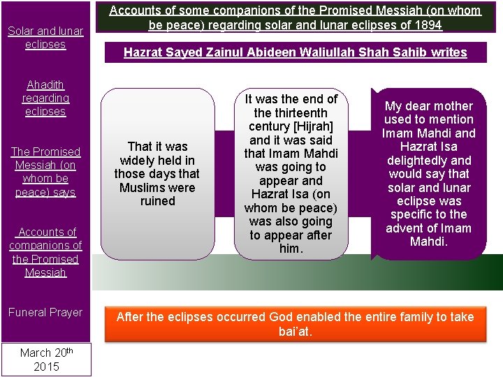 Solar and lunar eclipses Accounts of some companions of the Promised Messiah (on whom