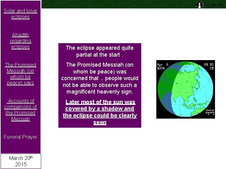 Solar and lunar eclipses Ahadith regarding eclipses The eclipse appeared quite partial at the