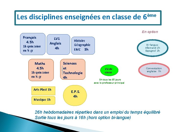 Les disciplines enseignées en classe de 6ème En option Français 4. 5 h 1