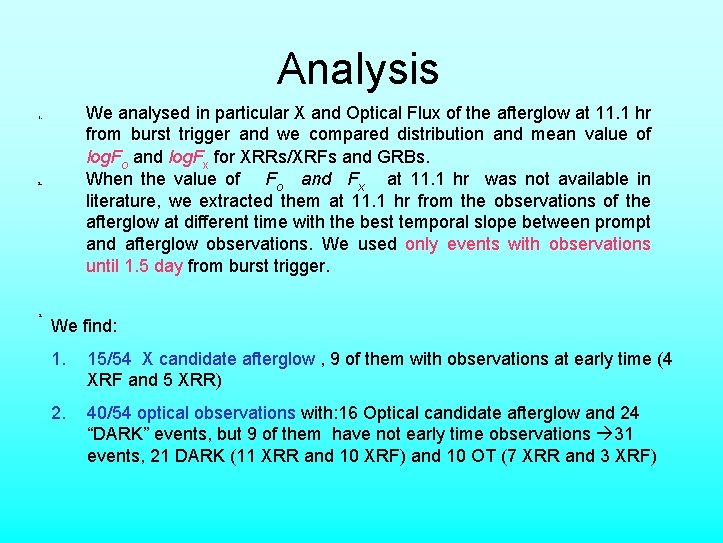 Analysis We analysed in particular X and Optical Flux of the afterglow at 11.