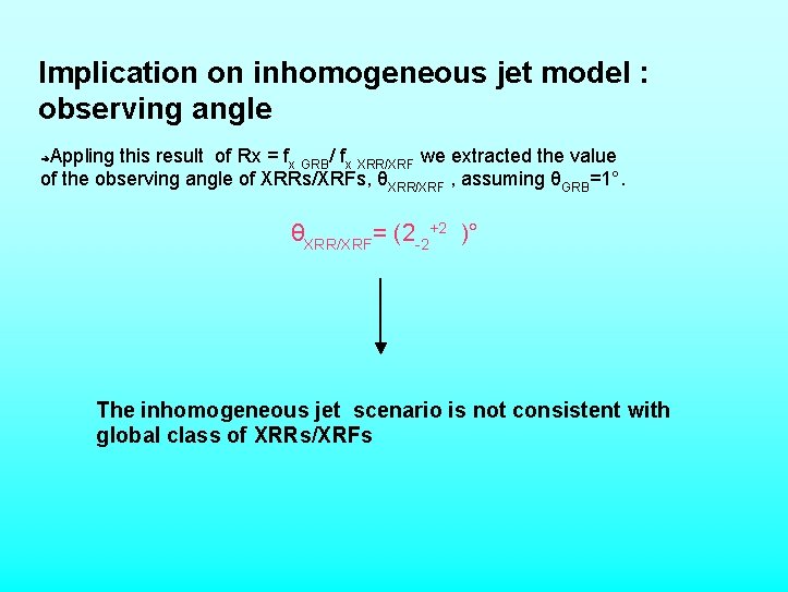 Implication on inhomogeneous jet model : observing angle Appling this result of Rx =