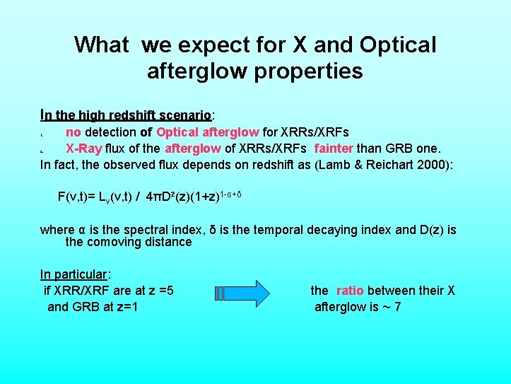What we expect for X and Optical afterglow properties In the high redshift scenario: