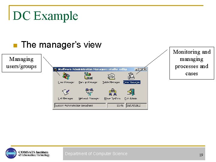 DC Example n The manager’s view Managing users/groups Department of Computer Science Monitoring and