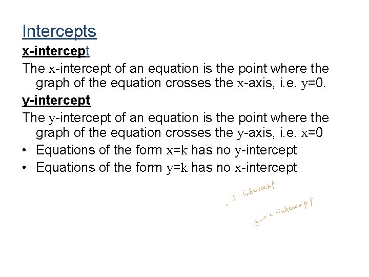Intercepts x-intercept The x-intercept of an equation is the point where the graph of Intercepts x-intercept The x-intercept of an equation is the point where the graph of