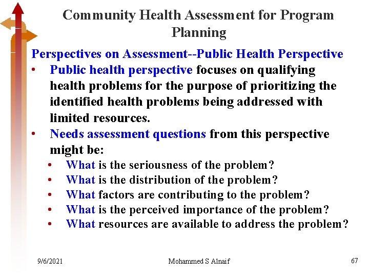 Community Health Assessment for Program Planning Perspectives on Assessment--Public Health Perspective • Public health