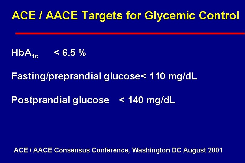 ACE / AACE Targets for Glycemic Control Hb. A 1 c < 6. 5