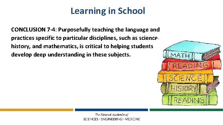 Learning in School CONCLUSION 7 -4: Purposefully teaching the language and practices specific to