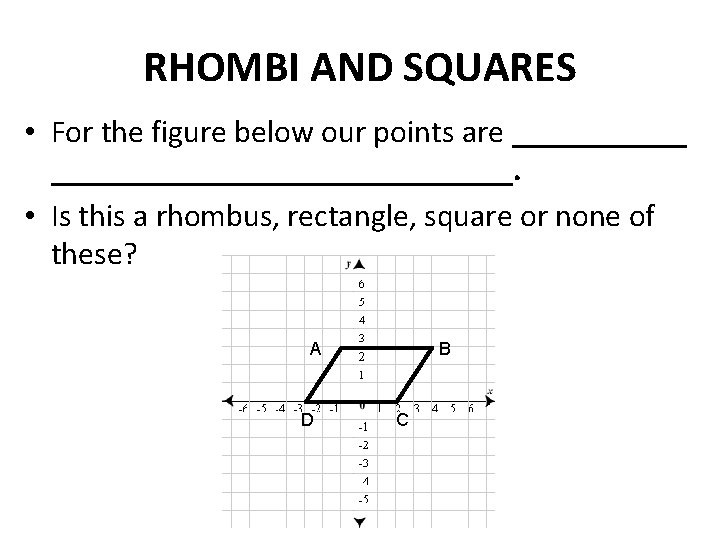 RHOMBI AND SQUARES • For the figure below our points are ____________________. • Is