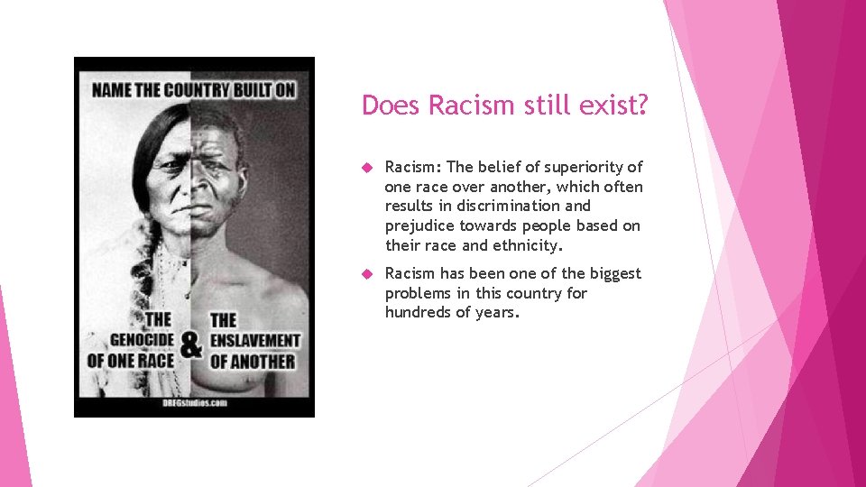 Does Racism still exist? Racism: The belief of superiority of one race over another,