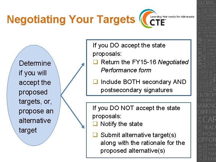 Negotiating Your Targets Determine if you will accept the proposed targets, or, propose an