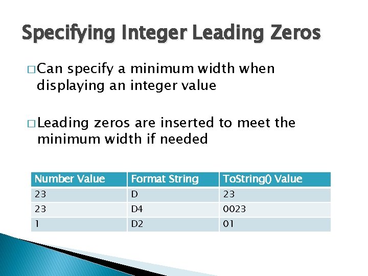 Specifying Integer Leading Zeros � Can specify a minimum width when displaying an integer