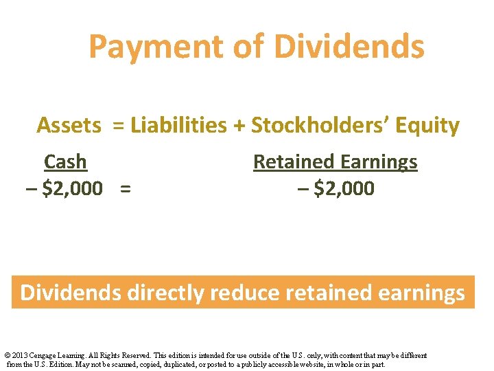 Payment of Dividends Assets = Liabilities + Stockholders’ Equity Cash – $2, 000 =