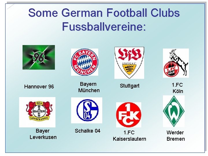 Some German Football Clubs Fussballvereine: Hannover 96 Bayer Leverkusen Bayern München Stuttgart 1. FC