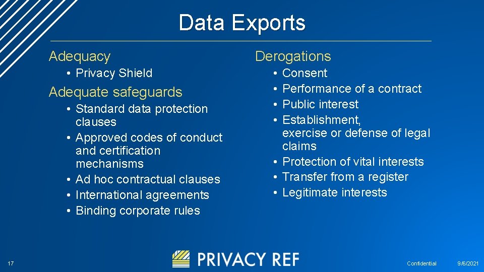 Data Exports Adequacy • Privacy Shield Adequate safeguards • Standard data protection clauses •