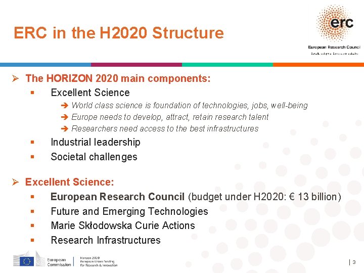 ERC in the H 2020 Structure Established by the European Commission Ø The HORIZON