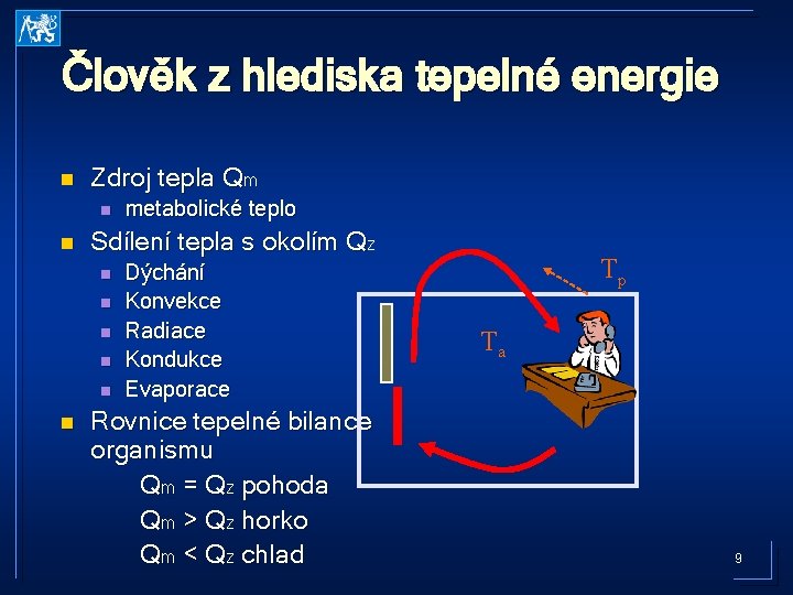 Člověk z hlediska tepelné energie n Zdroj tepla Qm n n Sdílení tepla s