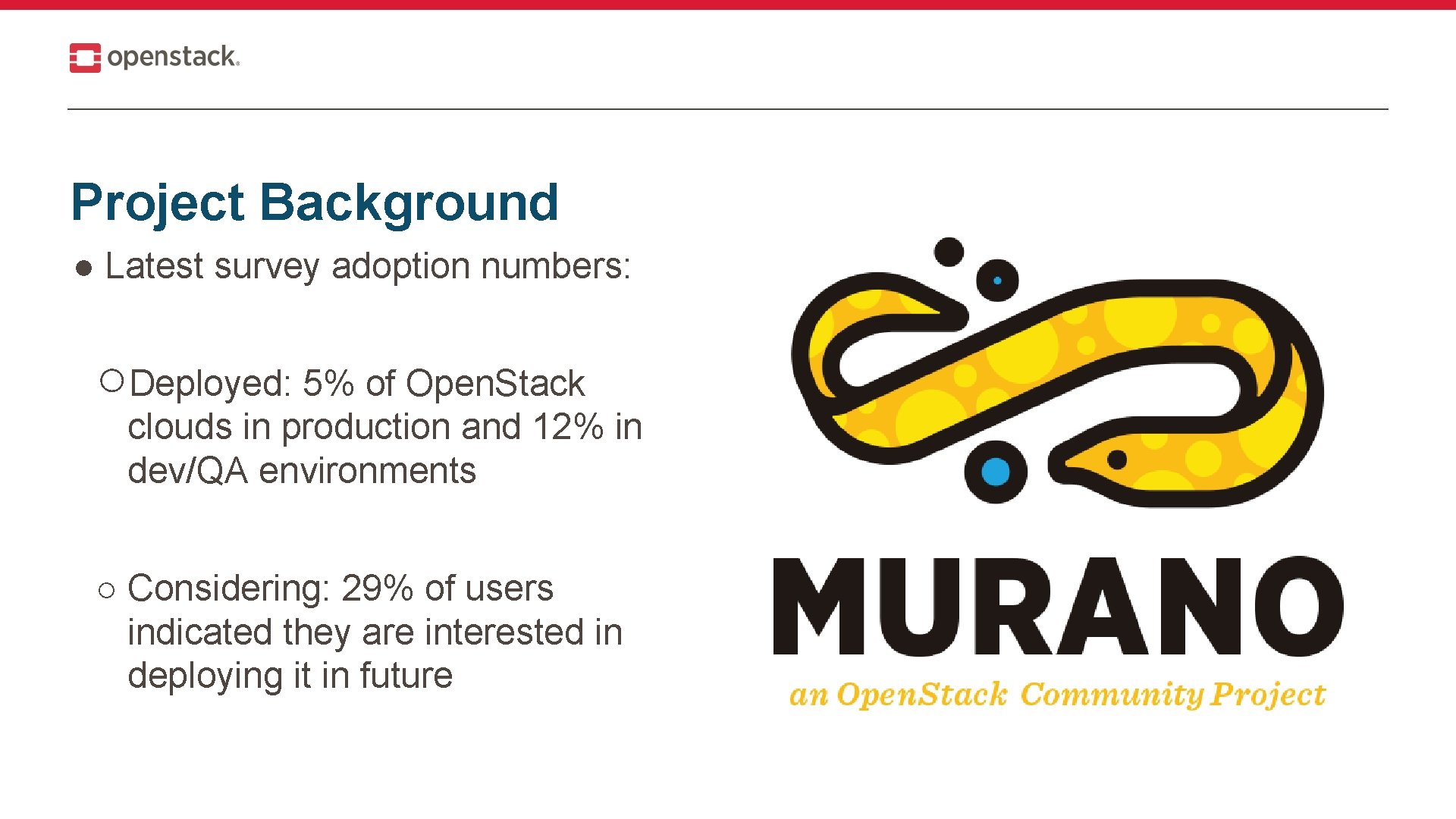 Project Background ● Latest survey adoption numbers: ○Deployed: 5% of Open. Stack clouds in