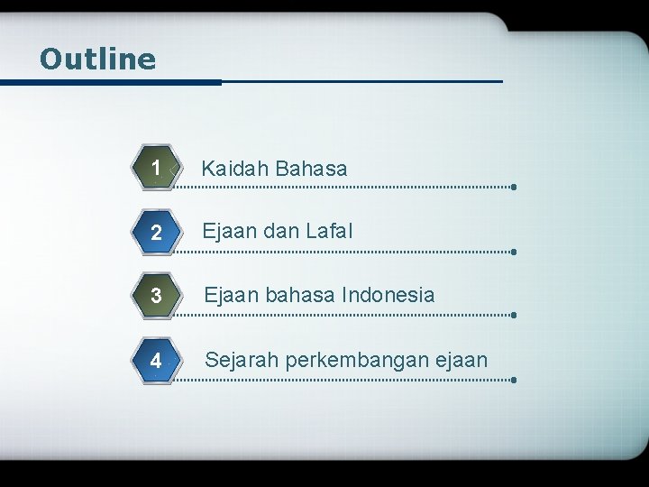 Outline 1 Kaidah Bahasa 2 Ejaan dan Lafal 3 Ejaan bahasa Indonesia 4 Sejarah