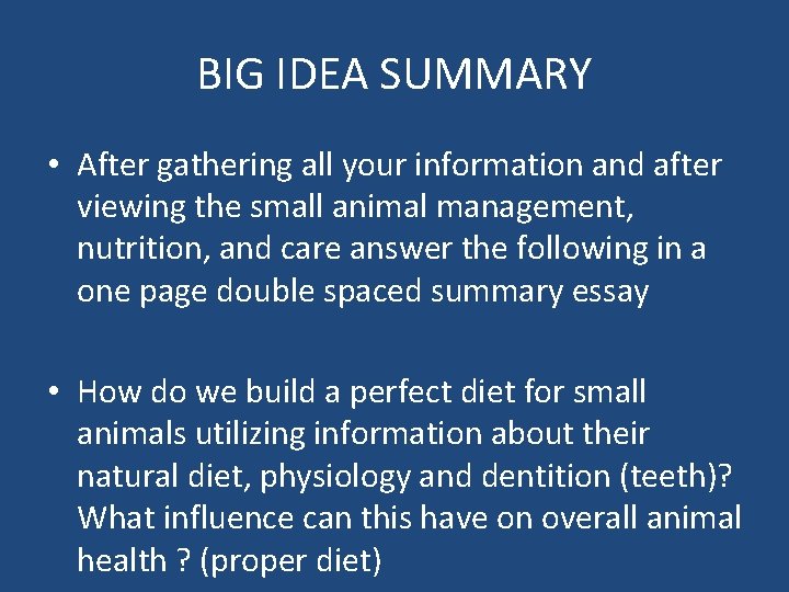 BIG IDEA SUMMARY • After gathering all your information and after viewing the small