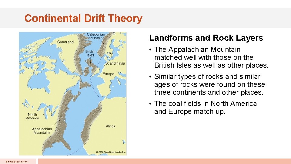 Continental Drift Theory Landforms and Rock Layers • The Appalachian Mountain matched well with