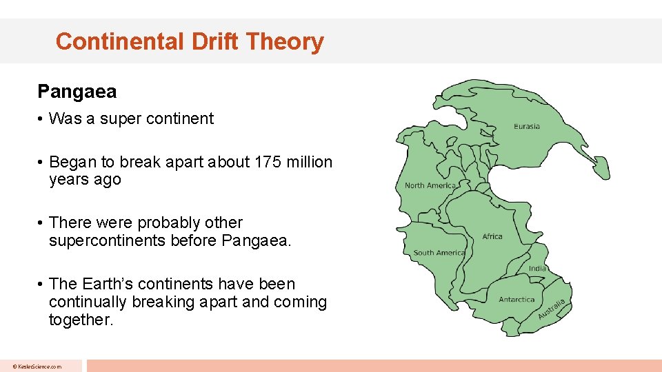 Continental Drift Theory Pangaea • Was a super continent • Began to break apart