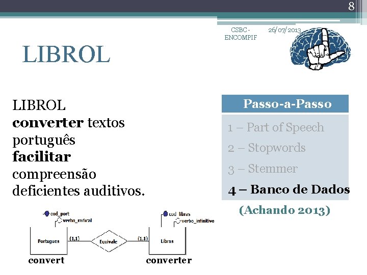 8 CSBC ENCOMPIF LIBROL 26/07/2013 Passo-a-Passo LIBROL converter textos português facilitar compreensão deficientes auditivos.