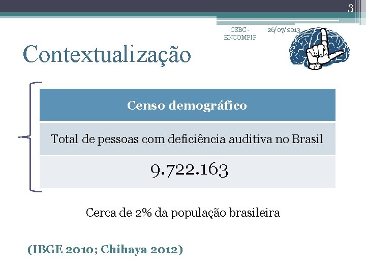 3 Contextualização CSBC ENCOMPIF 26/07/2013 Censo demográfico Total de pessoas com deficiência auditiva no