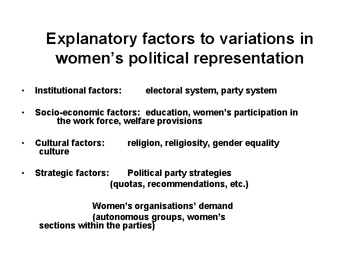 Explanatory factors to variations in women’s political representation • Institutional factors: • Socio-economic factors: