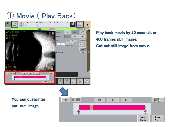 ① Movie ( Play Back） Play back movie by 20 seconds or 400 frames