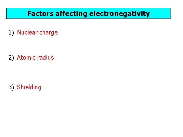 Factors affecting electronegativity 1) Nuclear charge – the more protons, the stronger the attraction