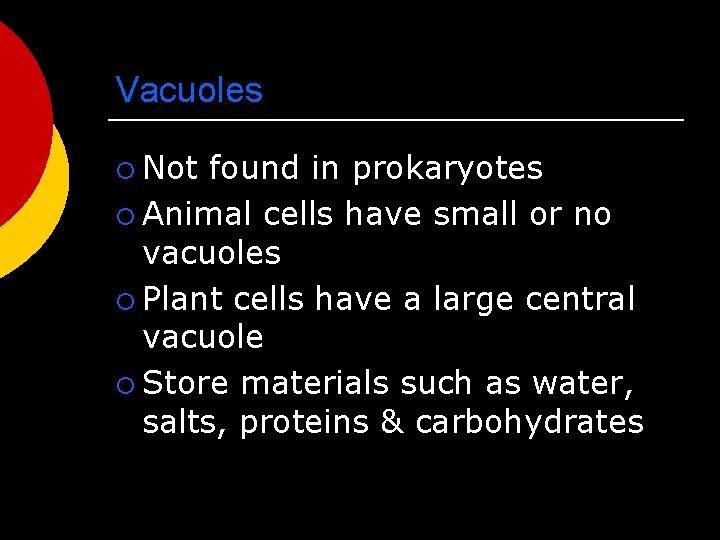 Vacuoles ¡ Not found in prokaryotes ¡ Animal cells have small or no vacuoles