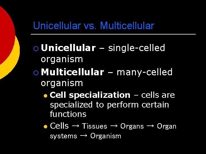 Unicellular vs. Multicellular ¡ Unicellular – single-celled organism ¡ Multicellular – many-celled organism Cell