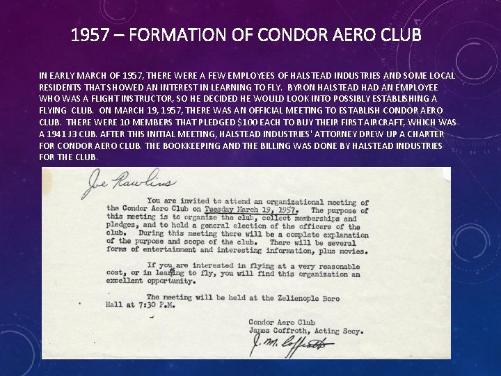 1957 – FORMATION OF CONDOR AERO CLUB IN EARLY MARCH OF 1957, THERE WERE