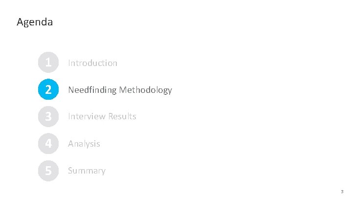 Agenda 1 Introduction 2 Needfinding Methodology 3 Interview Results 4 Analysis 5 Summary 3