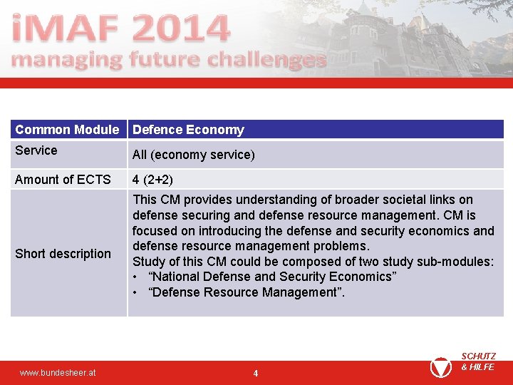 Common Module Defence Economy Service All (economy service) Amount of ECTS 4 (2+2) Short