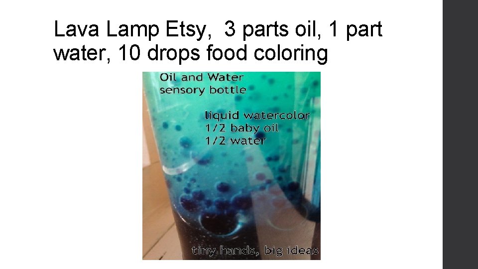 Lava Lamp Etsy, 3 parts oil, 1 part water, 10 drops food coloring 