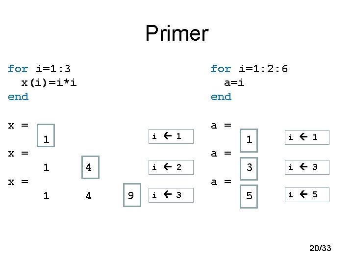 Primer for i=1: 3 x(i)=i*i end for i=1: 2: 6 a=i end x =