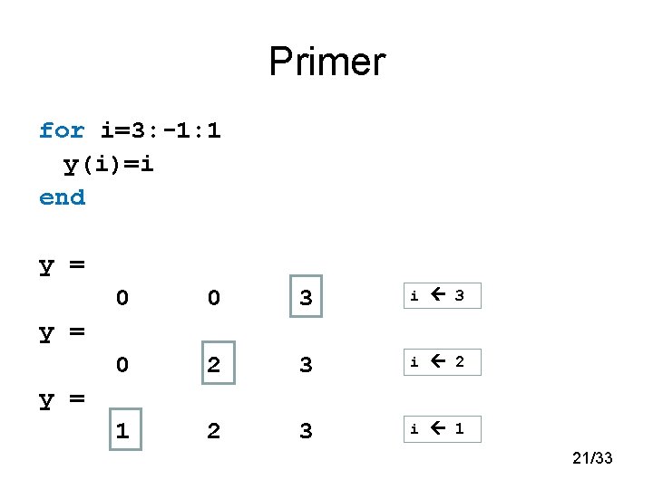 Primer for i=3: -1: 1 y(i)=i end y = 0 0 3 i 3