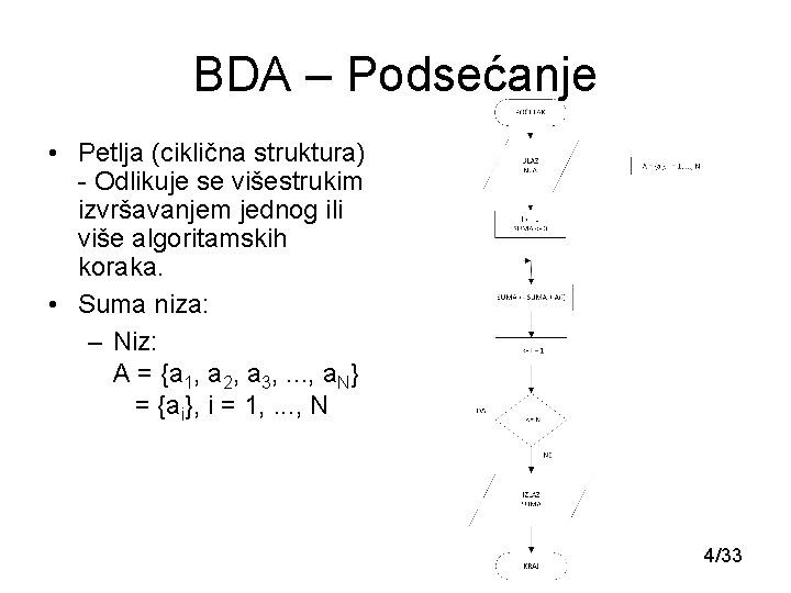 BDA – Podsećanje • Petlja (ciklična struktura) - Odlikuje se višestrukim izvršavanjem jednog ili