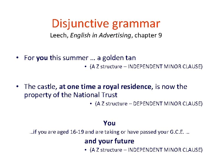 Disjunctive grammar Leech, English in Advertising, chapter 9 • For you this summer …